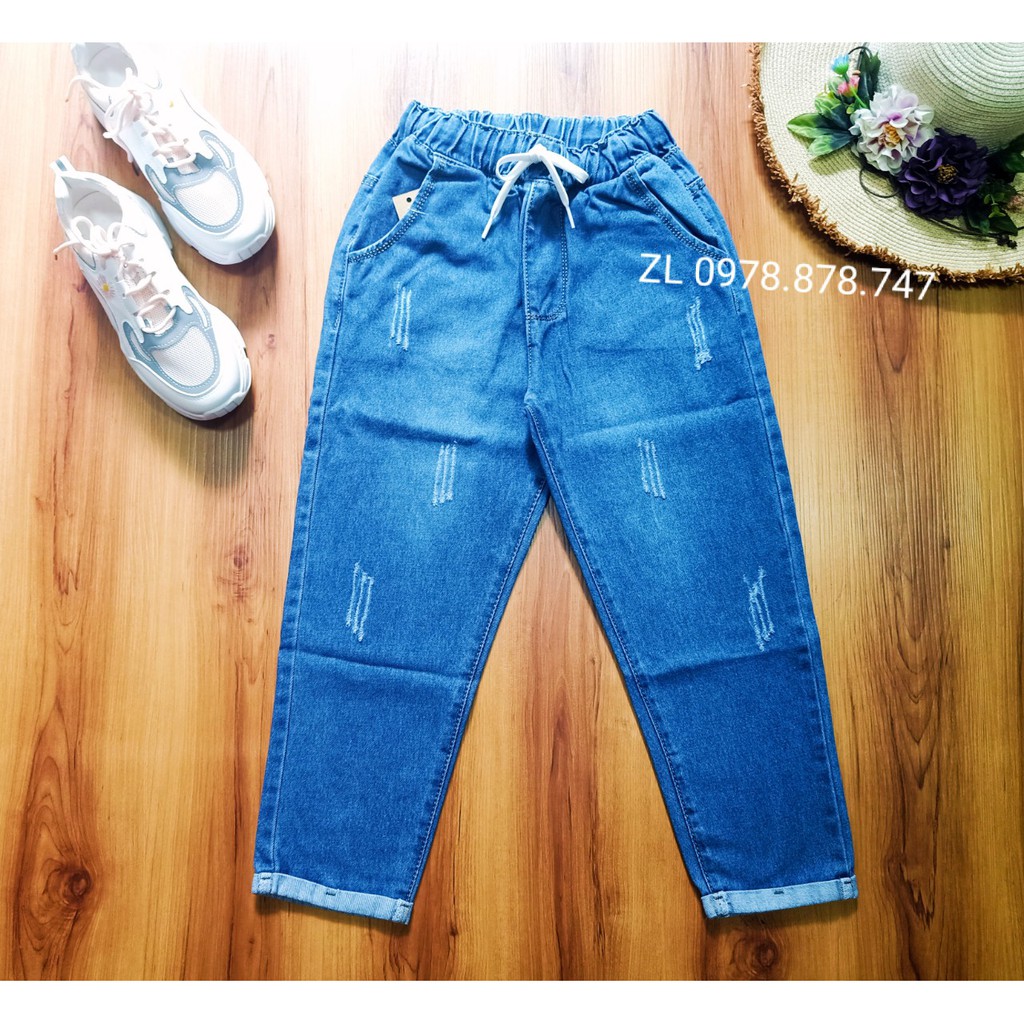 Quần jean baggy nữ mẫu cào xước lưng thun lật lai