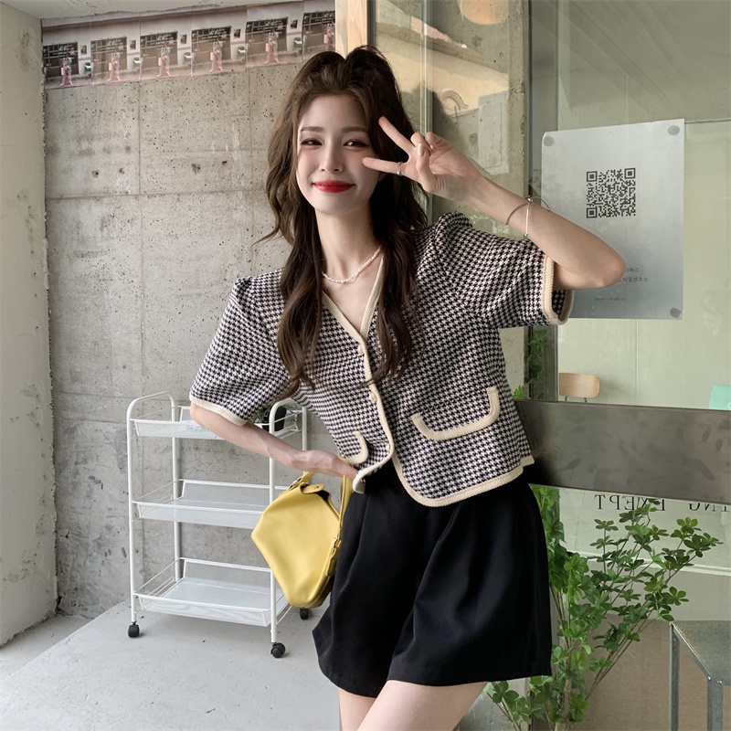Áo cardigan dệt kim ZHELIHANGFEI cổ chữ V tay ngắn dễ phối đồ thời trang