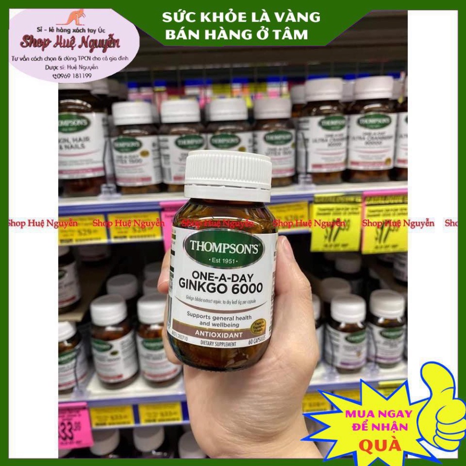 Bổ Não Thompson’s One-A-Day Ginkgo 6000mg của Úc lọ 60 viên, viên uống hoạt huyết dưỡng não hỗ trợ giảm đau đầu, hoa mắt