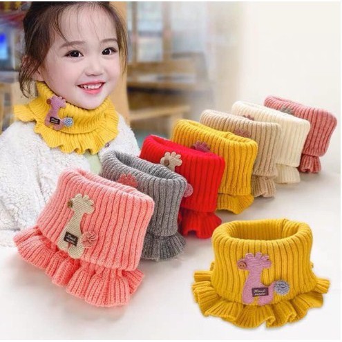 Khăn len ống quàng cổ nhún bèo đính họa tiết xinh xắn cho bé gái Khăn ống len