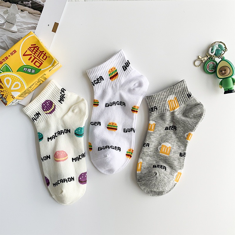 Tất cổ ngắn nam nữ vớ họa tiết fast food  cotton kháng khuẩn thấm hút mô hôi tốt MONEY VN010