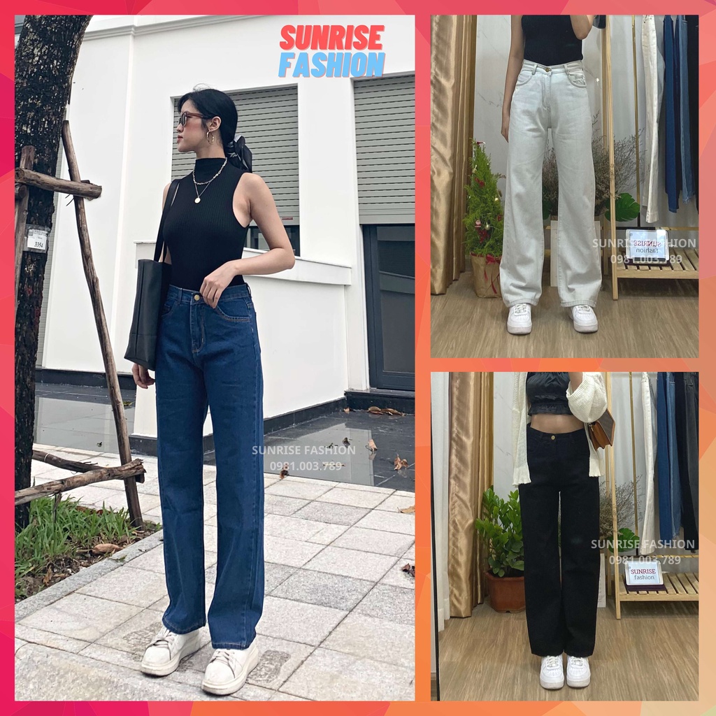 Quần jean nữ lưng cao ống rộng, quần bò nữ ống đứng cạp cao Sunrise Fashion S826