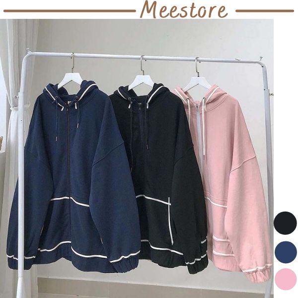 Áo khoác hoodie viền trắng tay bồng nữ Mee - Nỉ dáng rộng có mũ Ullzang cá tính