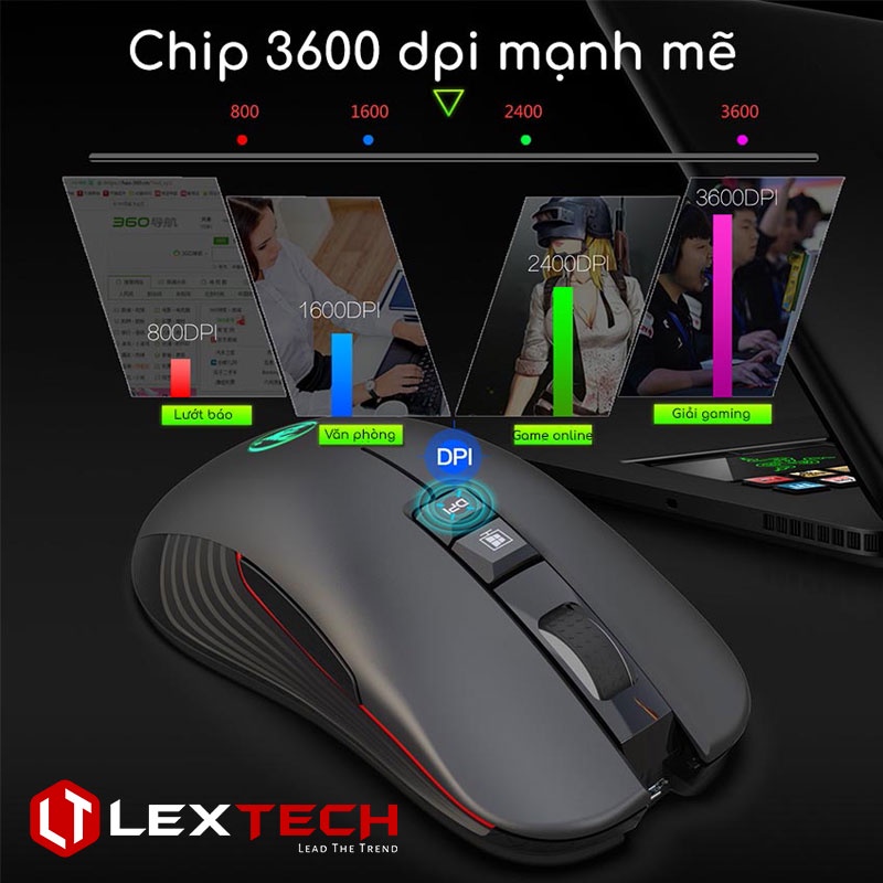 Chuột không dây gaming Lextech CT30 3600 DPI pin sạc Type C USB cho Smartphone Laptop PC Macbook