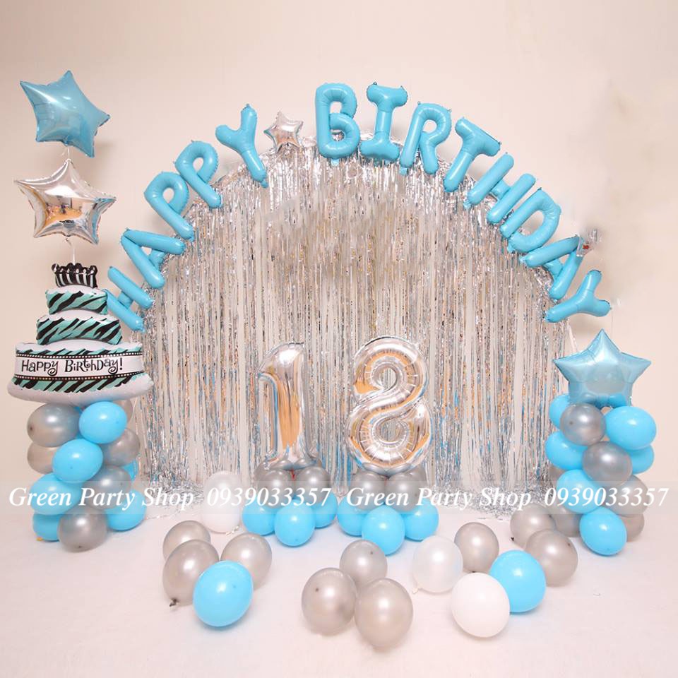 Combo Trang Trí Sinh Nhật 2 Rèm Kim Tuyến + Chữ Happy Birthday + 50 Bóng Tròn Nhũ Kèm Bơm Keo