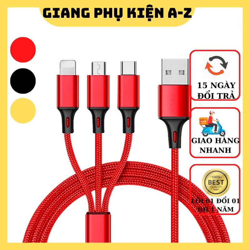 Dây Cáp Sạc Nhanh Đa Năng 3 Đầu Bọc Dù Dài 1m2 Hổ Trợ Sạc Các Thiết Bị Iphone/Android/Tablet BH 12 Tháng