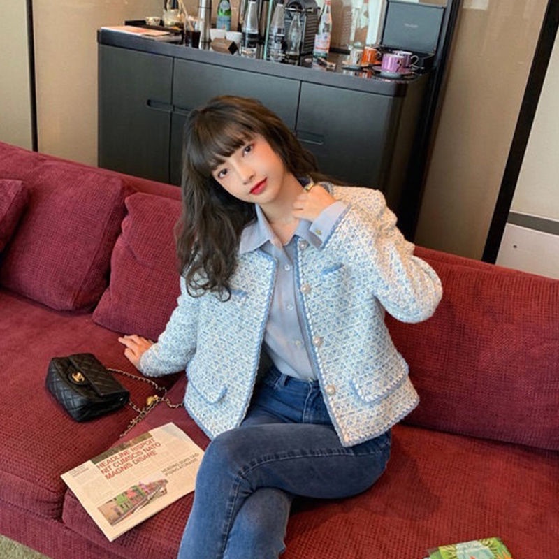 Cotton fragrant contract French style small fragrant style coat women's 2022 autumn and winter new style foreign style fashion socialite blue top