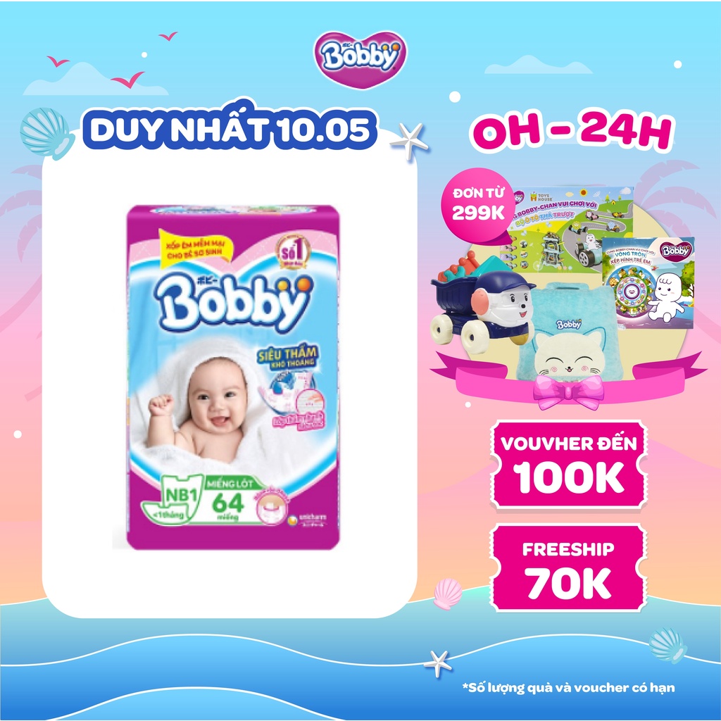 [Mã FMCG80 giảm 10% đơn từ 400K] Miếng lót sơ sinh Bobby Newborn 1- 64 miếng