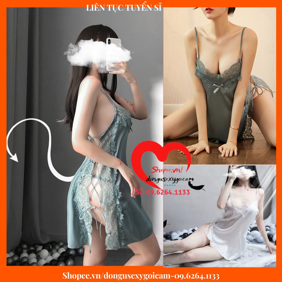 Đồ Ngủ Sexy Gồm Váy Ngủ Sexy Nữ Gợi Cảm Lụa 2 Dây Sexy Dễ Thương Và Quần Lót Lọt Khe Nữ Sẽy Không Kèm Mút Ngực -Đan Dây