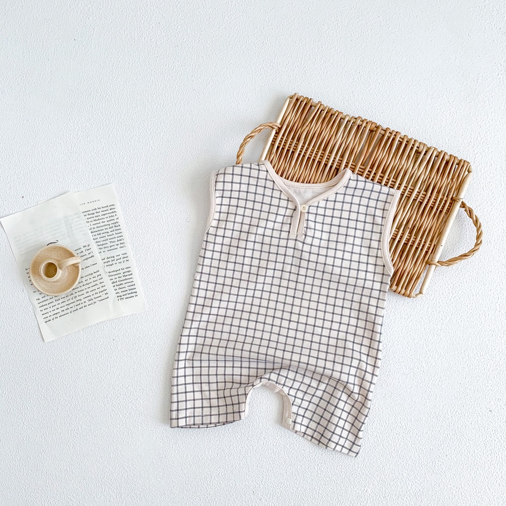 Bộ Áo Liền Quần Sát Nách Bằng Vải Cotton Họa Tiết Ca Rô Đơn Giản Thời