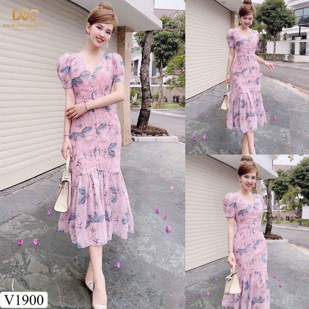 Váy đầm body hoa dáng đuôi cá chiết eo đính khuy sang trọng V1900 - Adelashop [kèm ảnh thật] | BigBuy360 - bigbuy360.vn