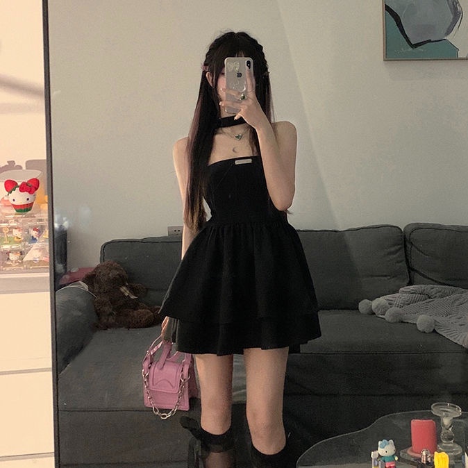 AMOI Đầm Hai Dây Màu Đen Phối Nơ Họa Tiết Sọc Caro Thời Trang 2022 Cho Nữ