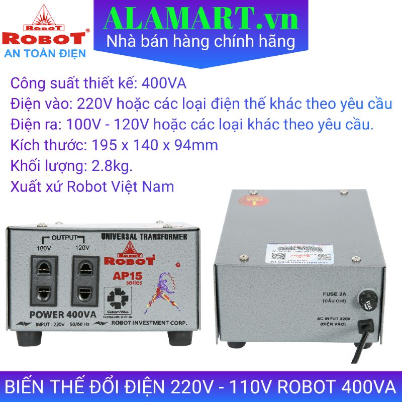Biến thế chuyển đổi dòng điện 220v thành dòng điện 100V-120v Robot 15A 400VA