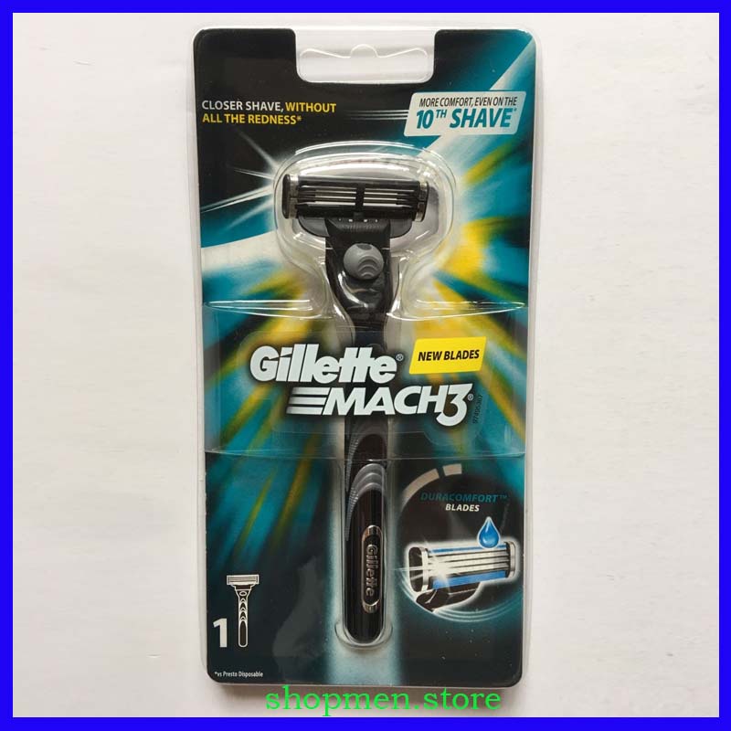 Dao cạo râu Gillette Mach 3 với đầu cạo ba lưỡi cực kỳ sắc bén, cạo nhanh sạch gấp 3 lần