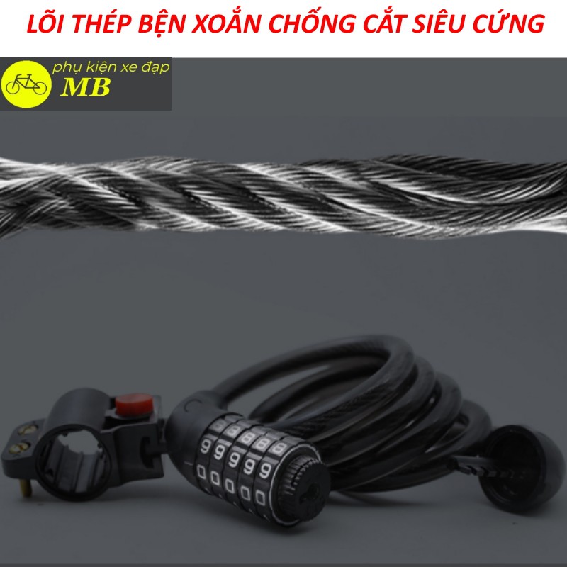 khóa xe đạp chống trộm cao cấp lõi thép chống cắt, khóa dây đổi được mật khẩu nhiều màu sắc