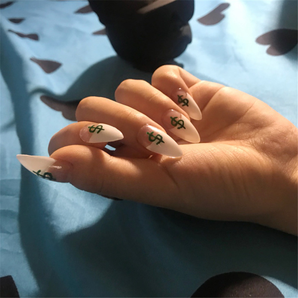 【sweet】24PC woman 3D waterproof USD Dollar pattern Detachable Removable Finished Fake Nail Nail Patch with glue