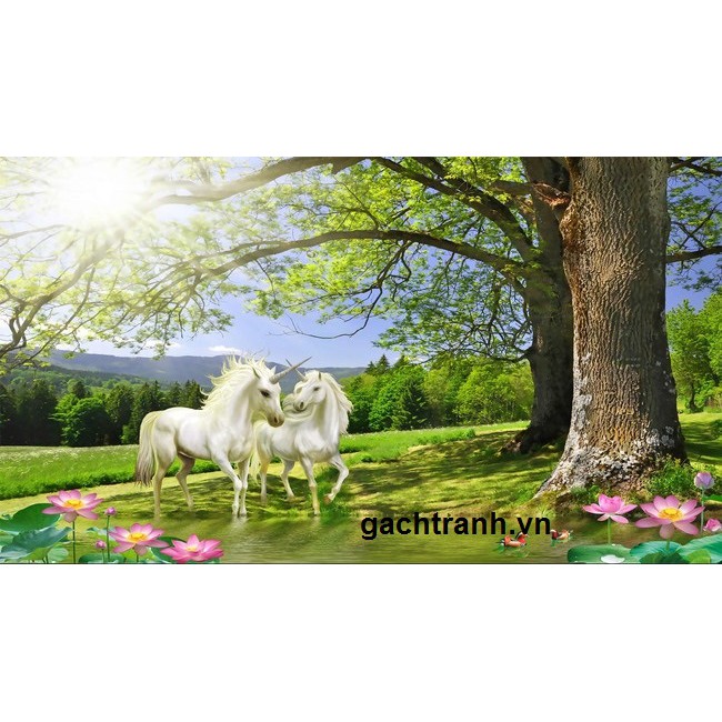tranh gạch 3d ngựa phi trên cỏ