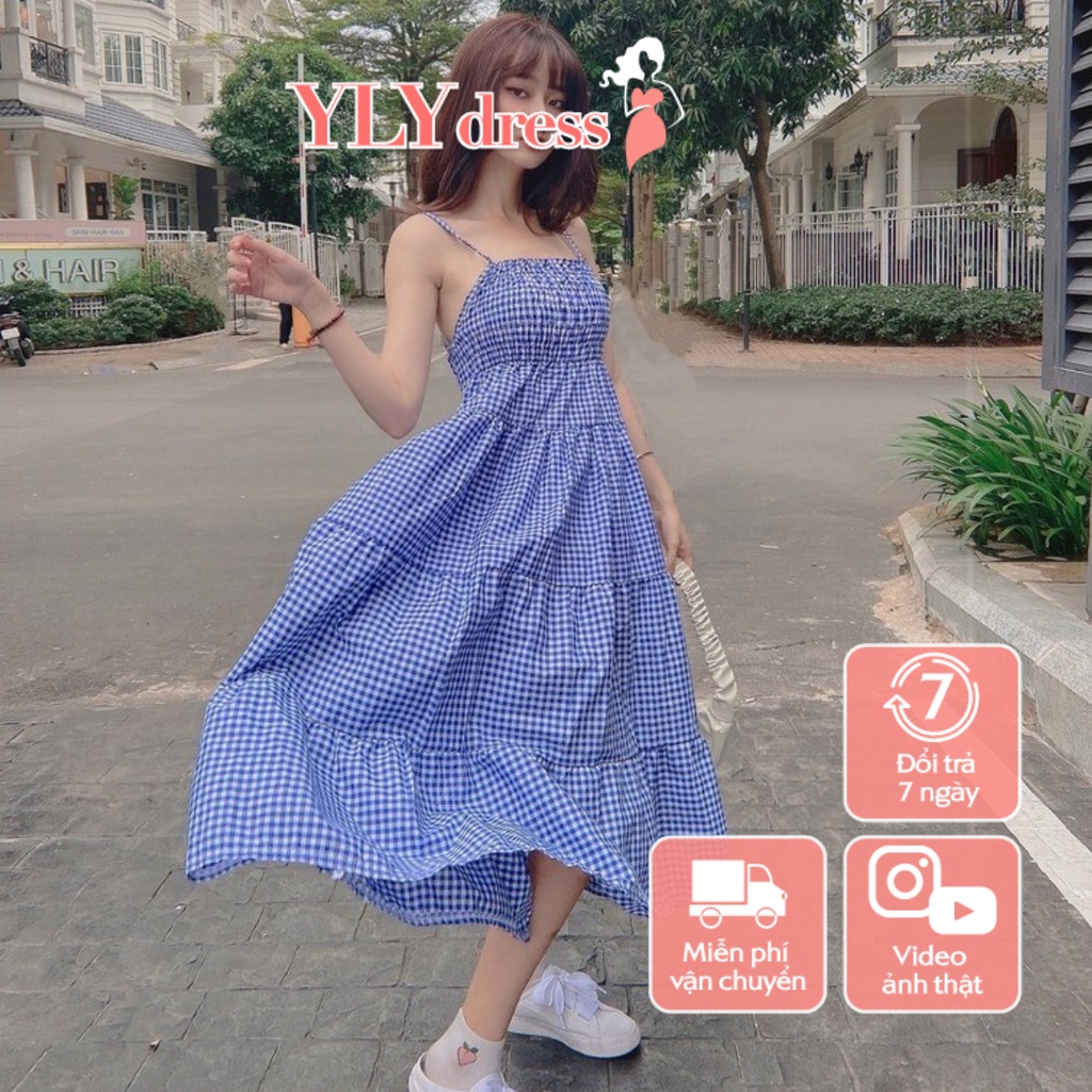 Váy hai dây kẻ caro xanh freesize - Váy đầm nữ freesize kẻ caro xanh hỏ tren phom rộng dáng suông C189