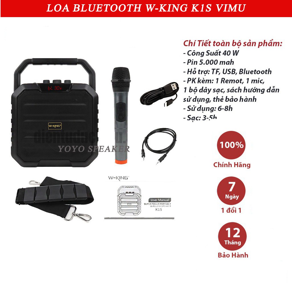 Loa Bluetooth W-King K1S VIMU - Loa karaoke không dây, công suất 40W, Wking T5 T9 K9 K3h K1S, Bass siêu to - BH 12 Tháng