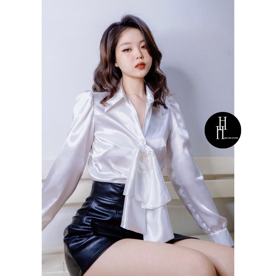 Áo sơ mi nơ ngực tháo rời tay dài màu trắng &amp; đen HAF46 Hỉn Hỉn Store