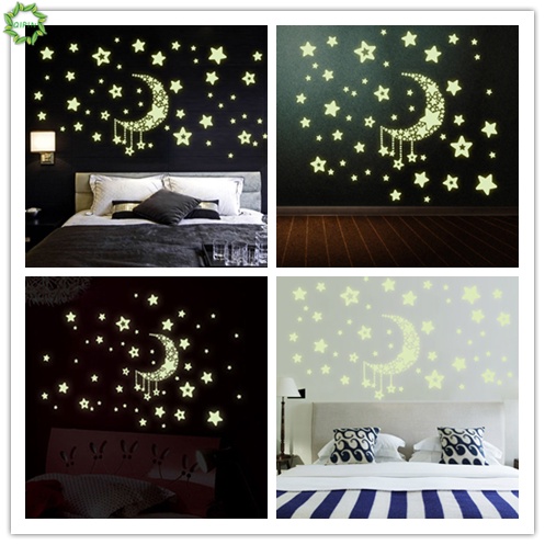 Miếng dán tường trang trí hình bầu trời đầy sao dạ quang DIY