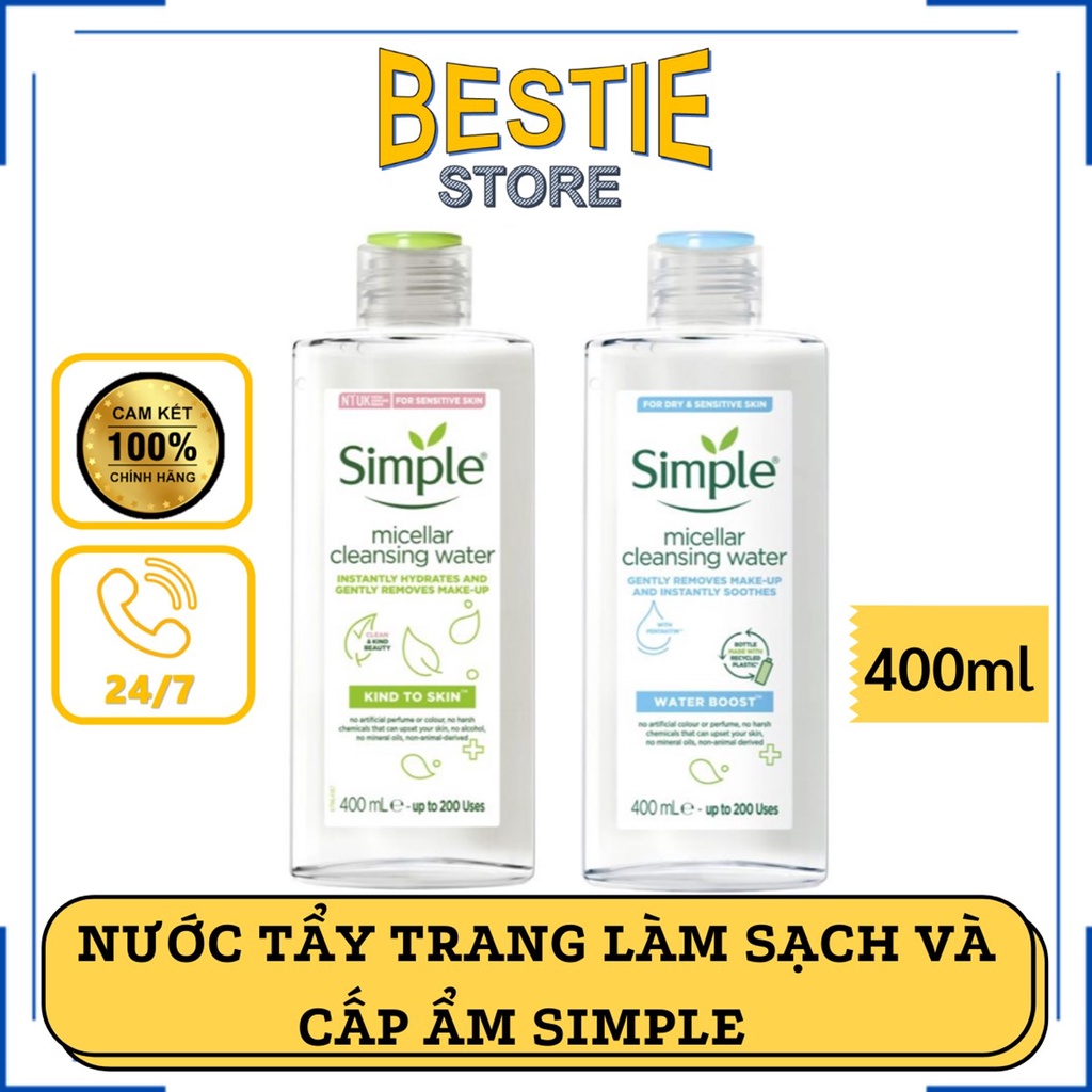 ( HÀNG UK ) Nước tẩy trang làm sạch, cấp ẩm cho da Simple Micellar Cleansing Water 400ml
