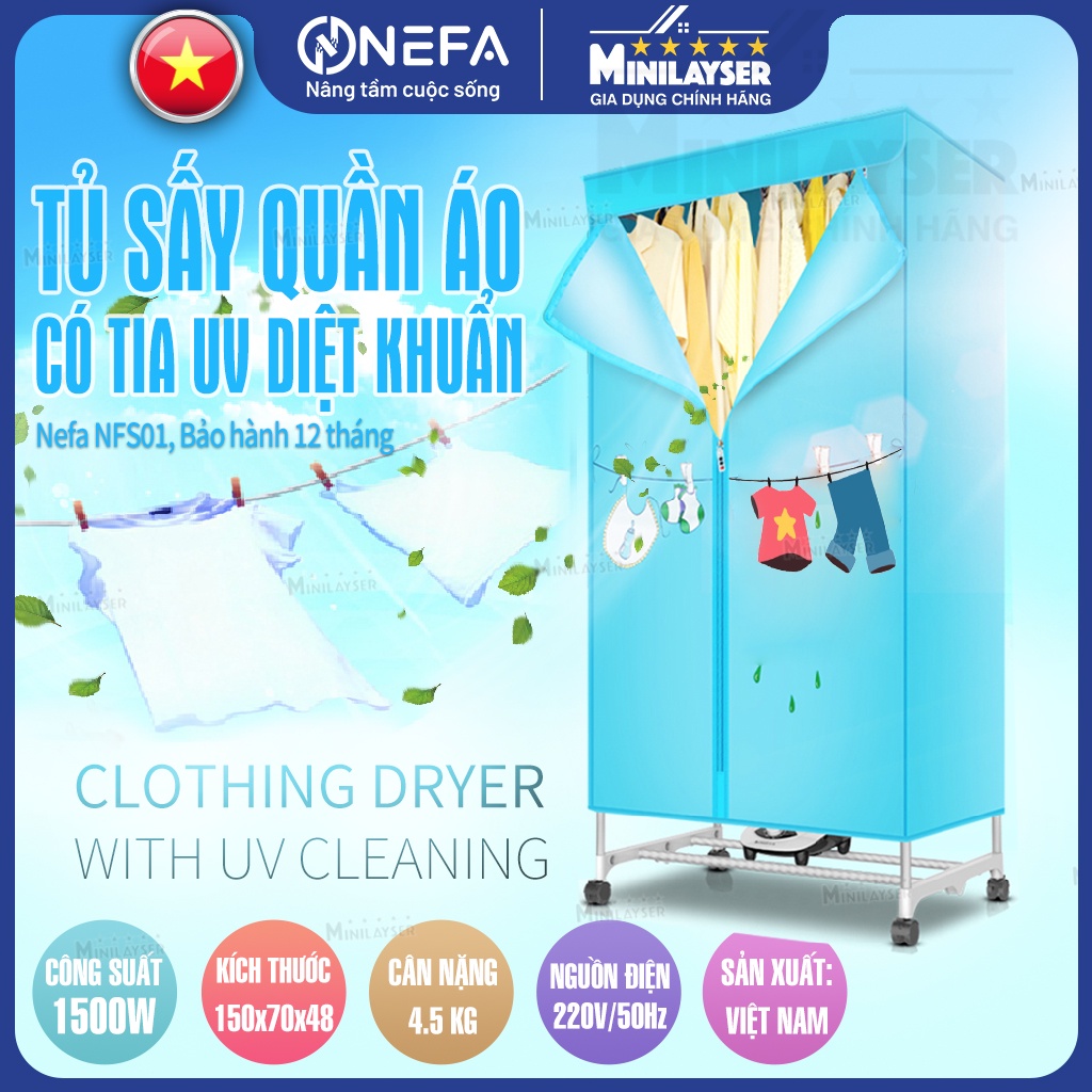 Tủ sấy quần áo NEFA cơ NFS01 2 tầng, máy sấy áo quần nhanh không để lại mùi hôi khung nhôm bọc vải chống nước cao cấp