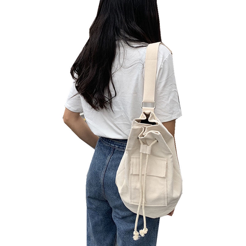 Túi xách đeo vai IELGY dây rút có ngăn ngoài bằng vải bạt phong cách trẻ trung cho nữ