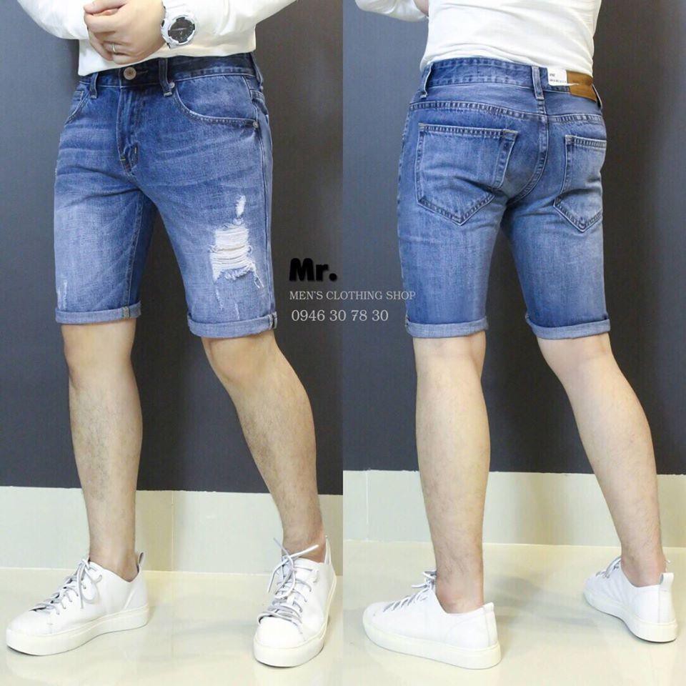 Quần short jean nam màu xanh trắng wash 1 điểm chuẩn men form chuẩn shop BB08B