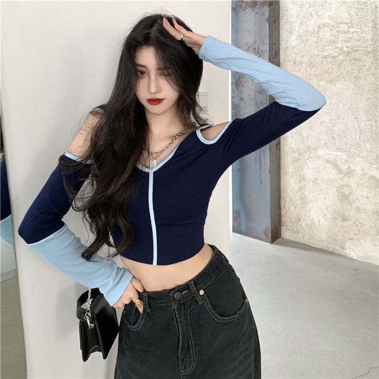 Áo thun COZOK tay dài trễ vai ôm dáng nhiều kiểu dáng phong cách retro