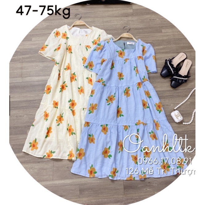 Đầm bầu mùa hè - váy bầu dáng babydoll trắng điểm hoạ tiết hoa vàng lịch sự trẻ trung