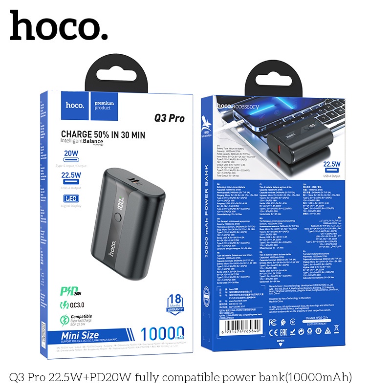 Sạc dự phòng nhanh HOCO. Q3 Pro 10000mAh 22.5W PD 20W QC 3.0 cho iph 13 12 11 Pro Samsung S22