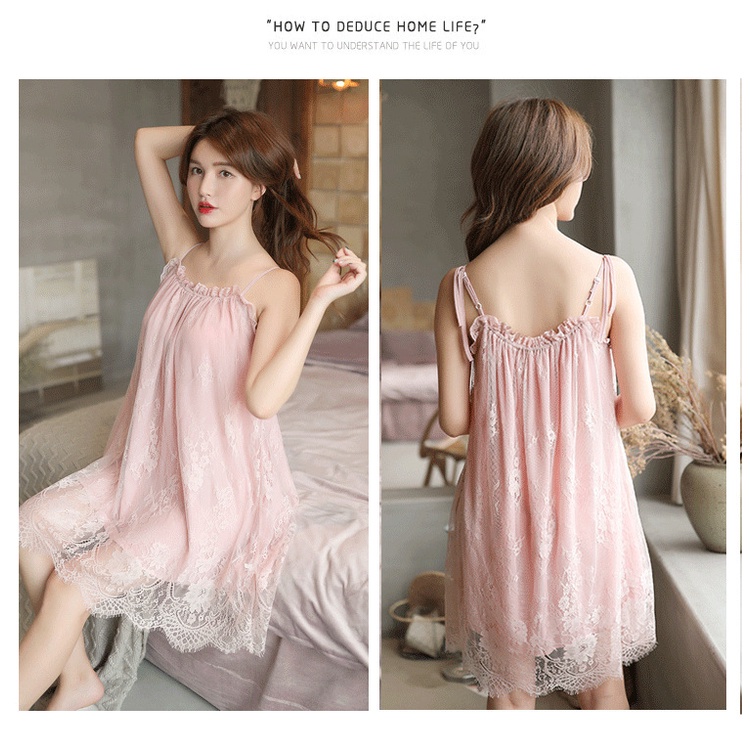 Đầm ngủ hai dây suông quyến rũ phối ren siêu mỏng váy ngủ sexy gợi cảm E1237