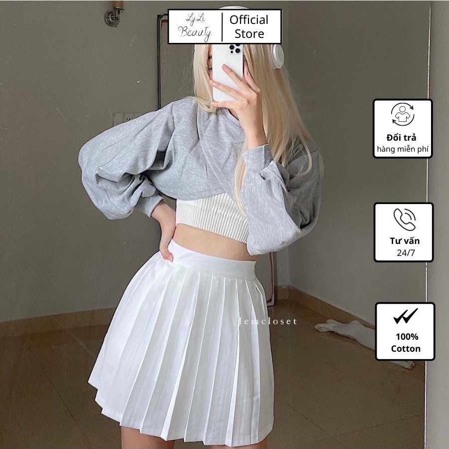 Set đồ 3 món áo cropto - chân váy chữ A - áo khoác ngoài màu xám nhạt