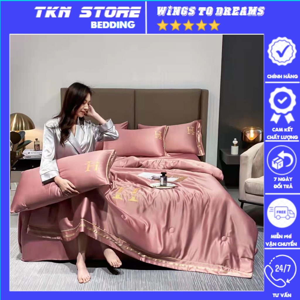 Bộ Chăn Ga Gối Phi Lụa Thêu Chữ H LUXURY Life Mềm Mịn Sang Trọng , Set Lụa 4 Món Chăn Trần Hè Mát Lạnh Mẫu Mới 2022