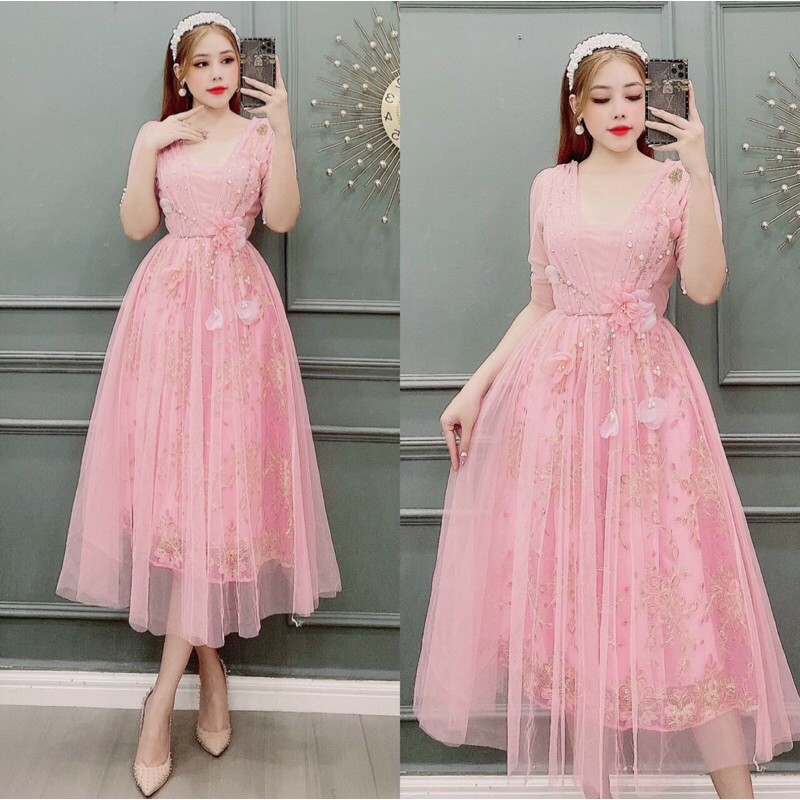 ĐẦM XOÈ REN KIM SA ĐÍNH HOA CỰC ĐẸP