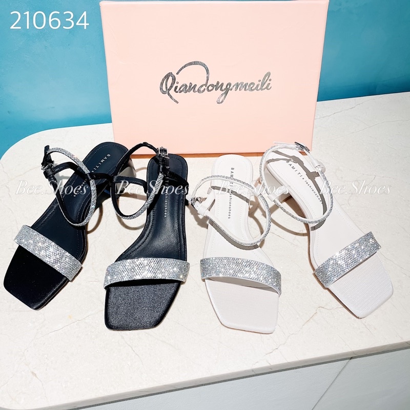 BEESHOES - SANDANLS NỮ THỜI TRANG QUAI ĐÍNH ĐÁ GÓT TRỤ 5 PHÂN SẴN MÀU ĐEN ,KEM 210634