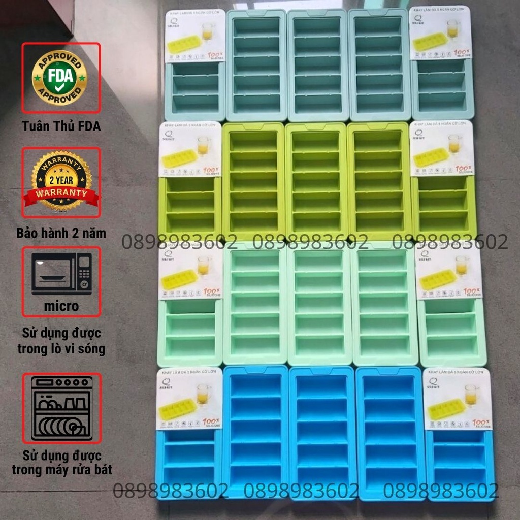 Khay làm đá 5 ngăn cỡ lớn đa năng bằng silicon, kích thước 24.5x12.5cm, dễ dàng làm và lấy đá ra khỏi khay.