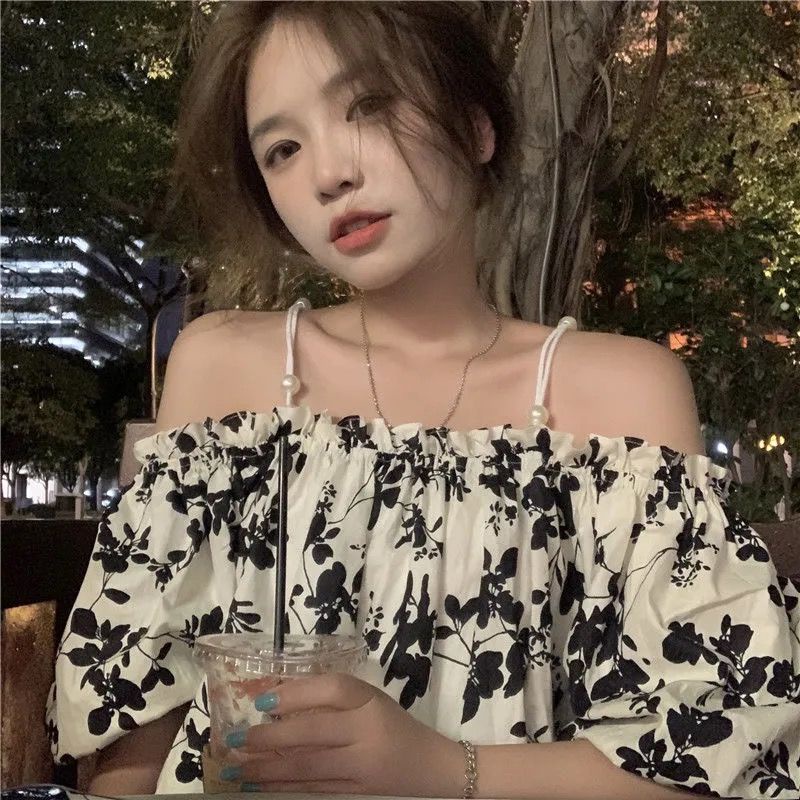 Áo Kiểu Trễ Vai Tay Phồng Họa Tiết Hoa Thời Trang Mùa Hè 2022 Cho Nữ