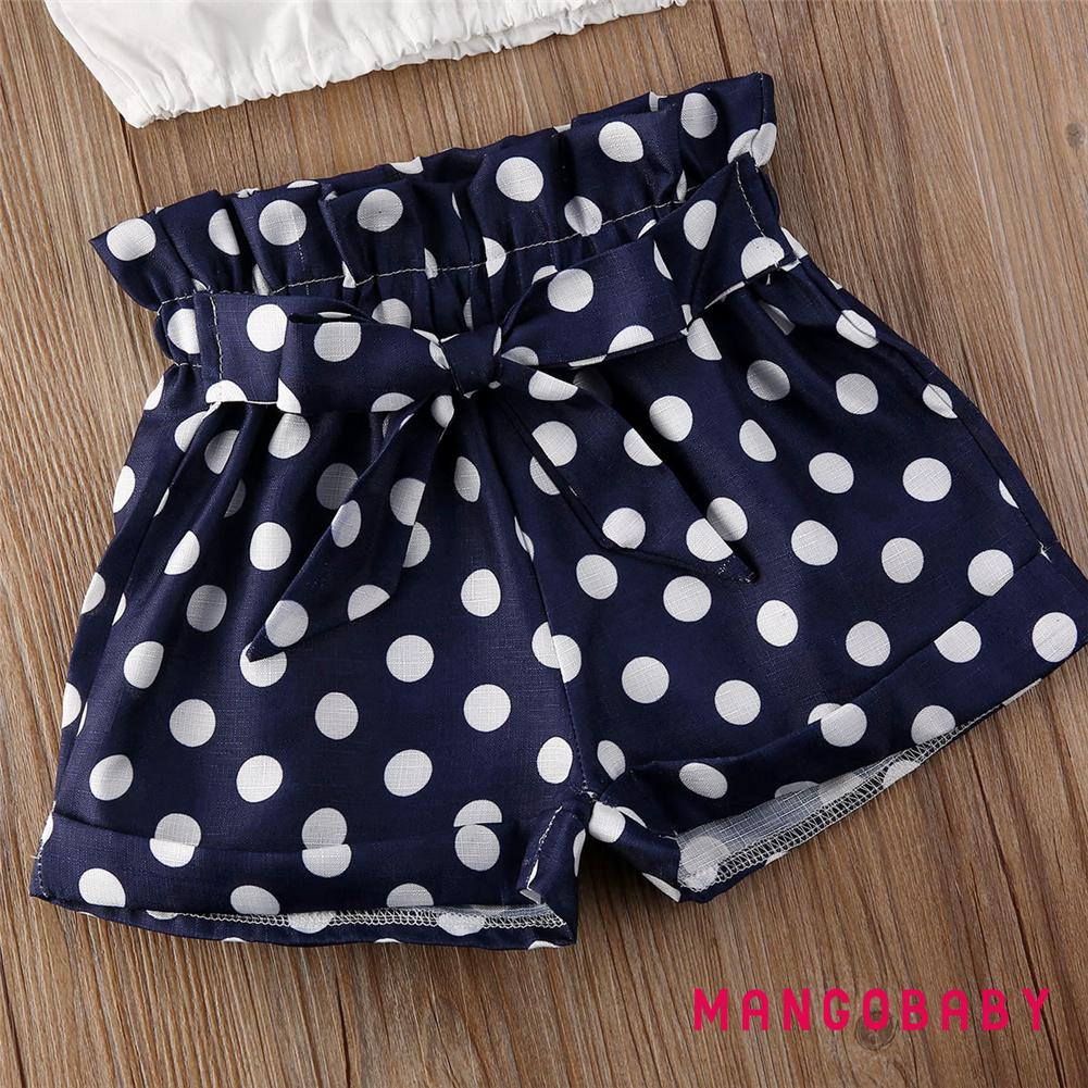 ♬MG♪-Baby Girls Sleeveless White Round Neck Tops + Polka Dot Shorts Suit Fashion Summer Outfit Set