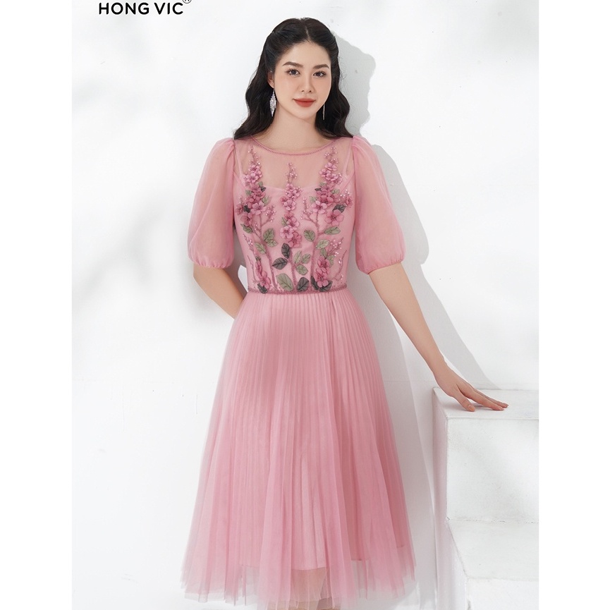 Đầm nữ thiết kế Hong Vic lưới hồng mimosa DL477