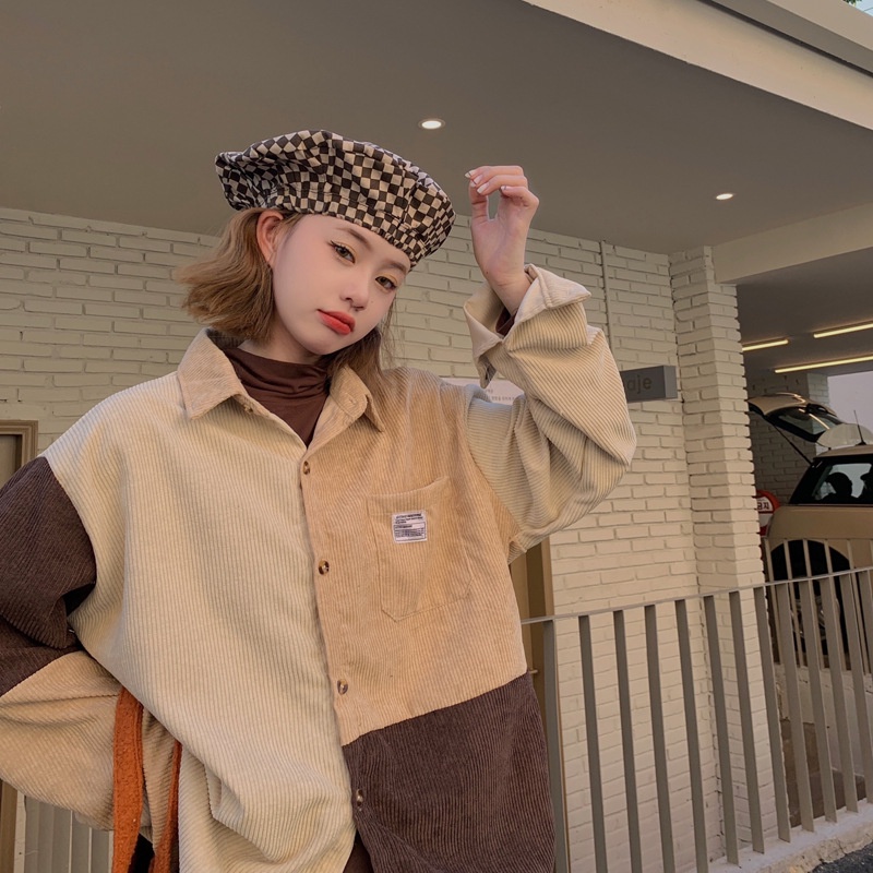 DIDIKA Áo Khoác Tay Dài Vải Nhung Phối Màu Tương Phản Thời Trang Mùa Thu Phong Cách Hàn Quốc Cho Nữ