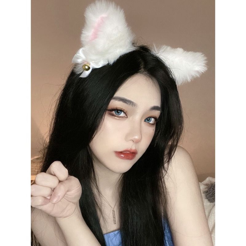 Băng đô cài tóc tai mèo lông mịn đính nơ chuông phong cách nhật bản