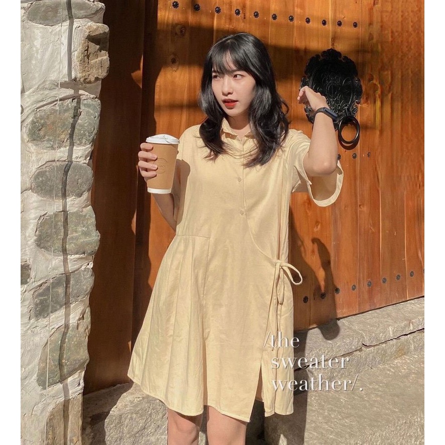 Đầm Sơ Mi Baby Doll Buộc Nơ Eo Be Trắng Xanh - Váy Cài Cúc Cổ Bẻ Thắt Dây Hông 4 Màu