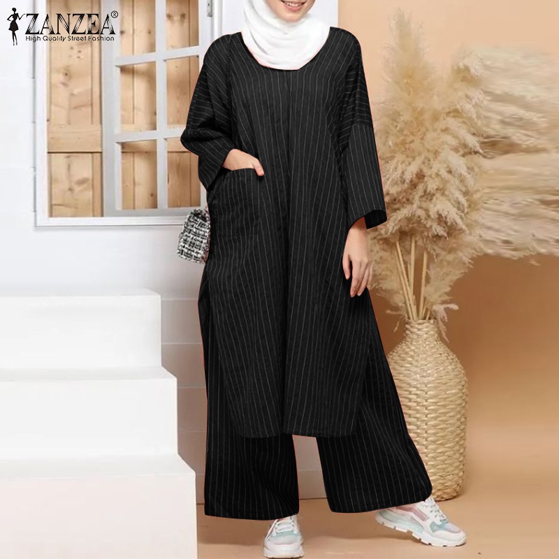 Bộ đồ nữ thường ngày ZANZEA với áo kiểu cổ tròn dáng rộng và quần dài ống rộng eo thun in hình sọc retro Hồi giáo