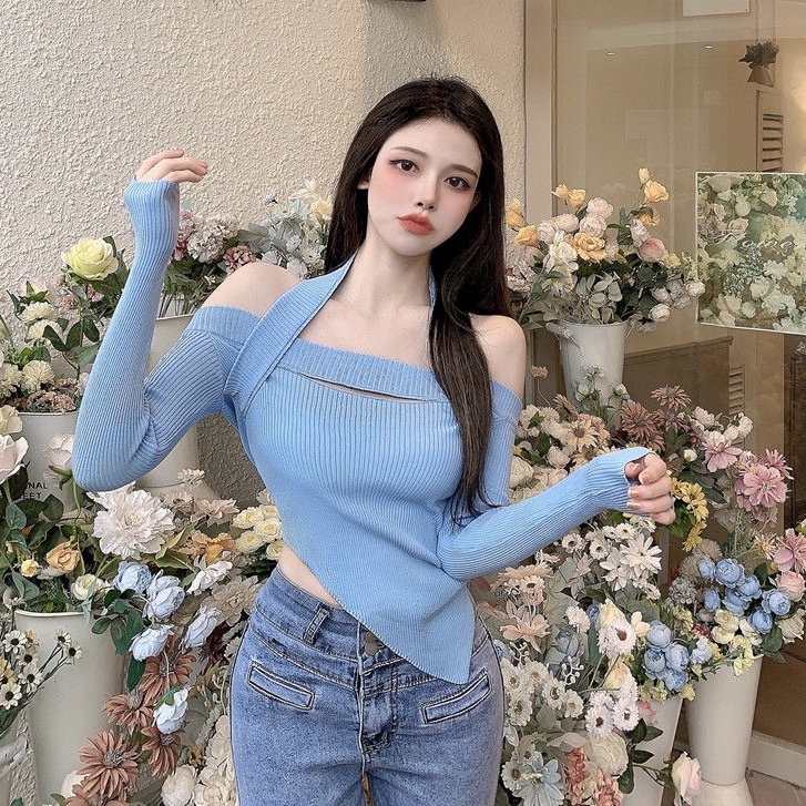 SUXI Áo croptop dệt kim tay dài hở vai ôm dáng phong cách Hàn Quốc cho nữ