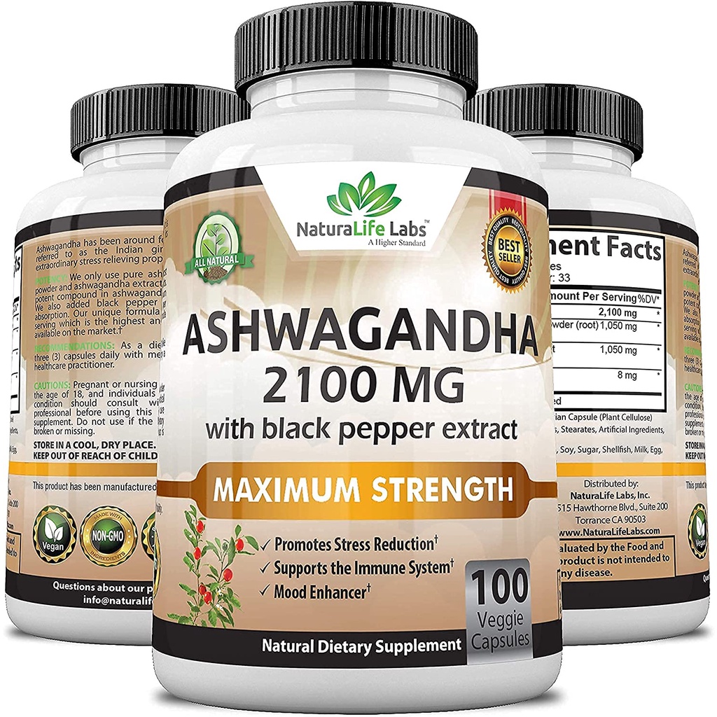 NaturaLife Labs Viên uống Ashwagandha hữu cơ 2100mg với tiêu đen giúp giảm căng thẳng, lo âu, hỗ trợ tuyến giáp 100 viên