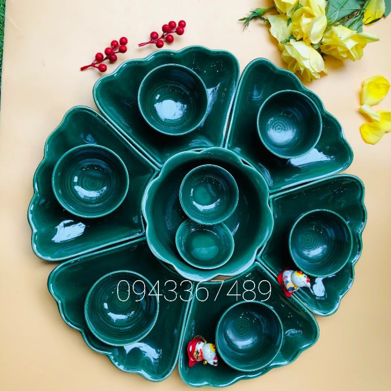 Bộ bát đĩa hoa mặt trời xanh lục ĐK48cm, 58cm.Cỡ vừa và cỡ to. Hàng sứ Bát Tràng