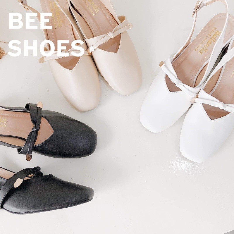 BEESHOES - GIÀY BÚP BÊ NỮ MŨI VUÔNG QUAI NGANG NƠ - GIÀY BÚP BÊ NỮ ĐẾ VUÔNG CAO 3 PHÂN SẴN MÀU ĐEN - BE - TRẮNG 201066