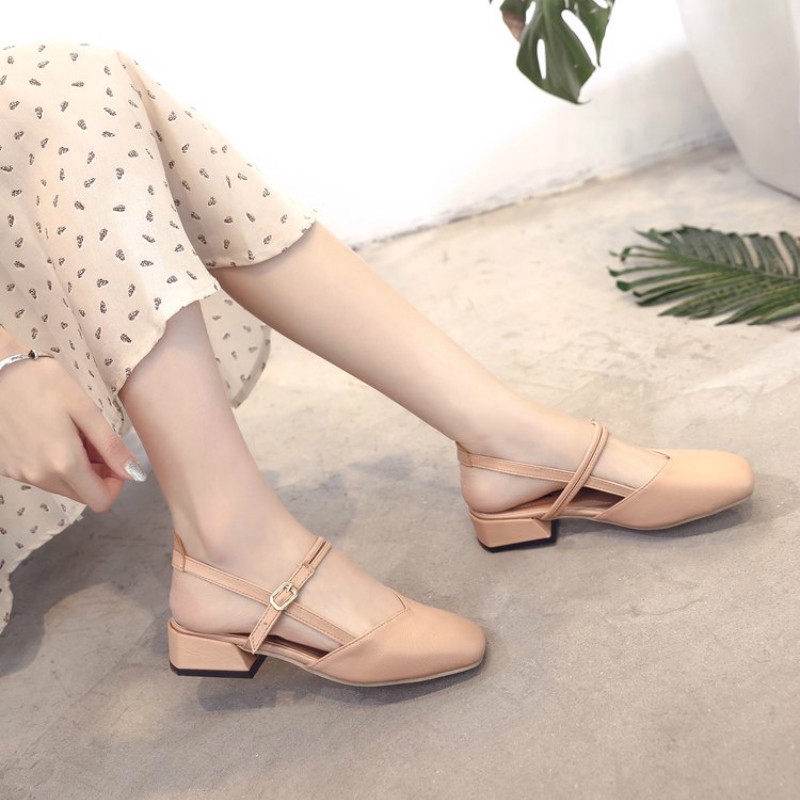 Giày sandal IELGY bít mũi mũi vuông che nửa chân màu trơn phong cách Hàn Quốc cho nữ